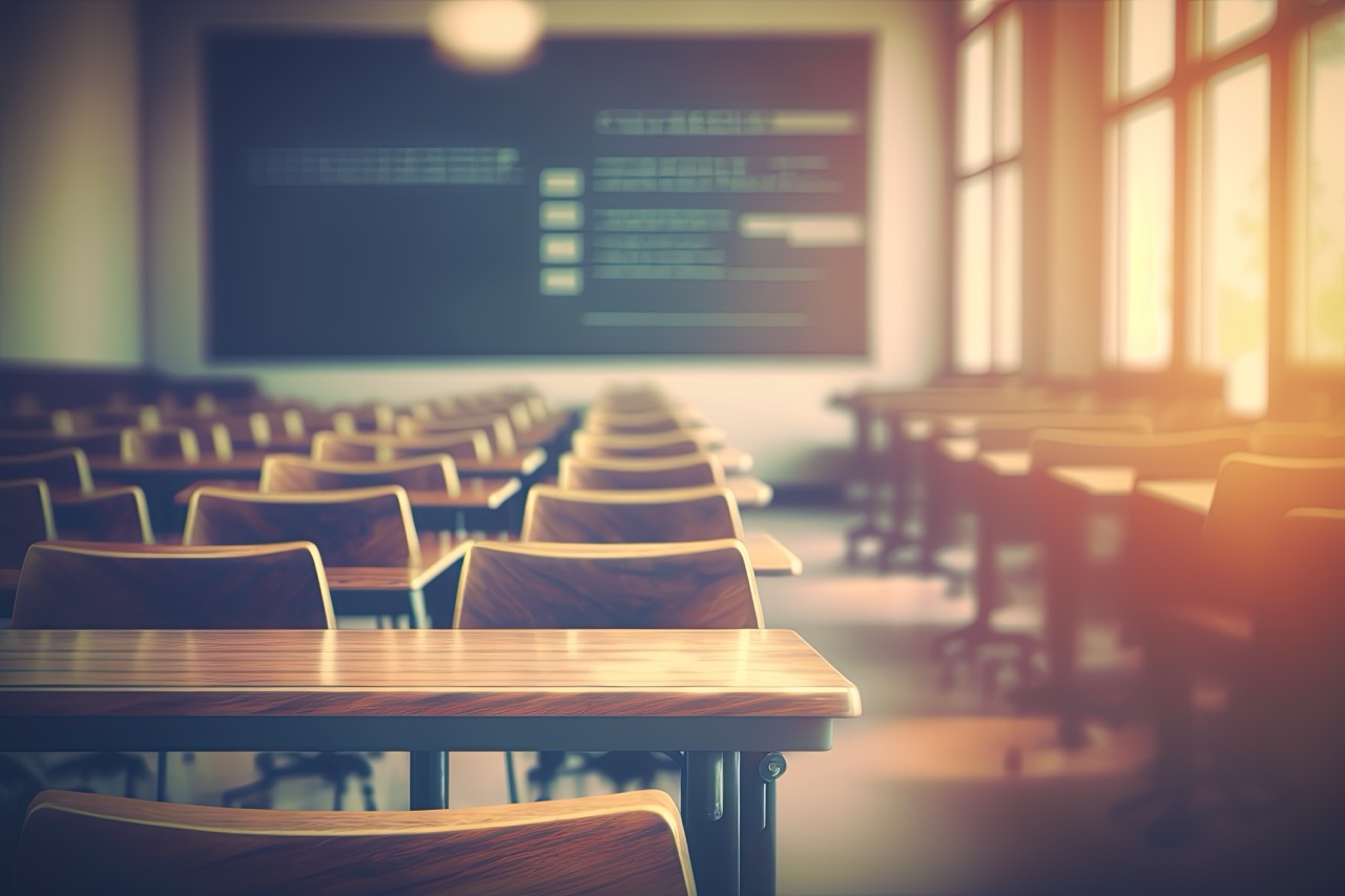 Sala de aula universitária com cadeiras e mesas vazias