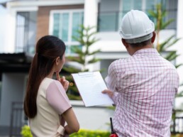 Inspetor sênior explica os resultados da inspeção com o proprietário e handyman com prancheta antes da reforma