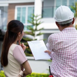 Inspetor sênior explica os resultados da inspeção com o proprietário e handyman com prancheta antes da reforma