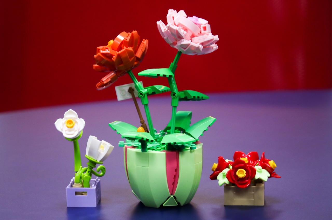 Arranjo de flores feito de peças de LEGO, incluindo uma rosa vermelha, uma rosa cor-de-rosa e uma flor branca, exibidas sobre uma superfície azul com fundo vermelho